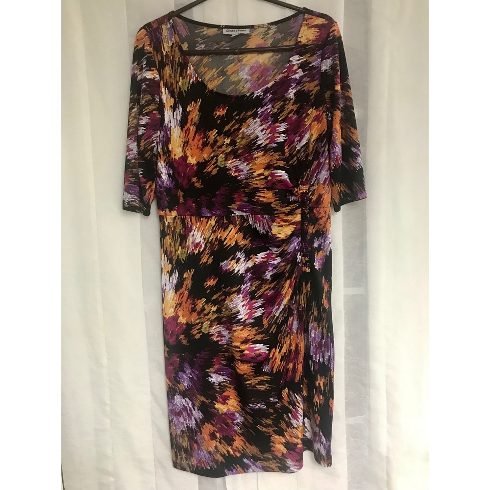 Shelby & Palmer Abstract Brushstroke Ruched Sheath Dress Orange Purple Size 10